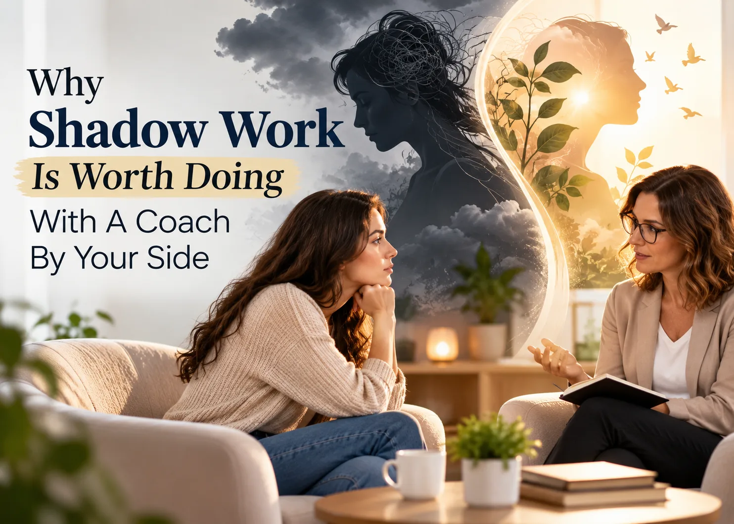 A woman speaks with a supportive coach in a calm, sunlit office during a shadow work session. Dark silhouettes transition into a warm golden glow, symbolizing self-awareness, emotional healing, inner reflection, and personal growth.